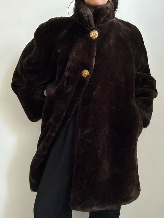 Vintage Brown Faux Fur Gold Buttoned Jacket