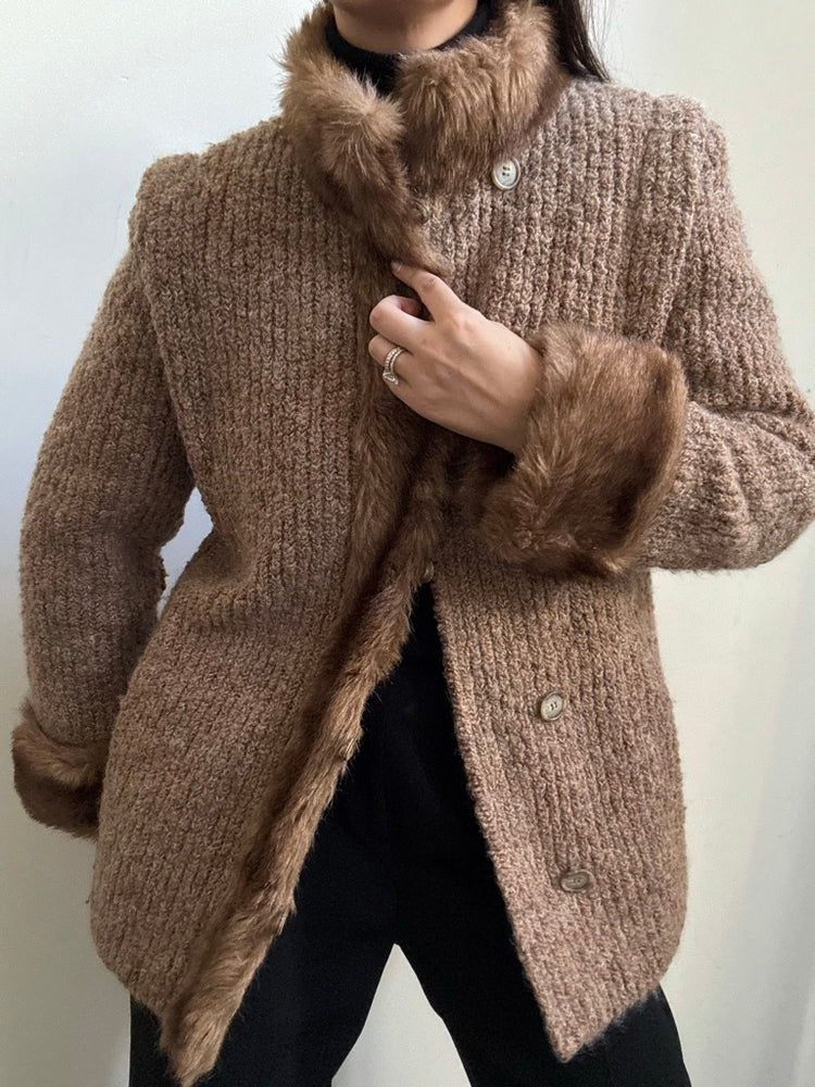 Vintage Wool Knit Faux Fur Trimmed Jacket Size Medium