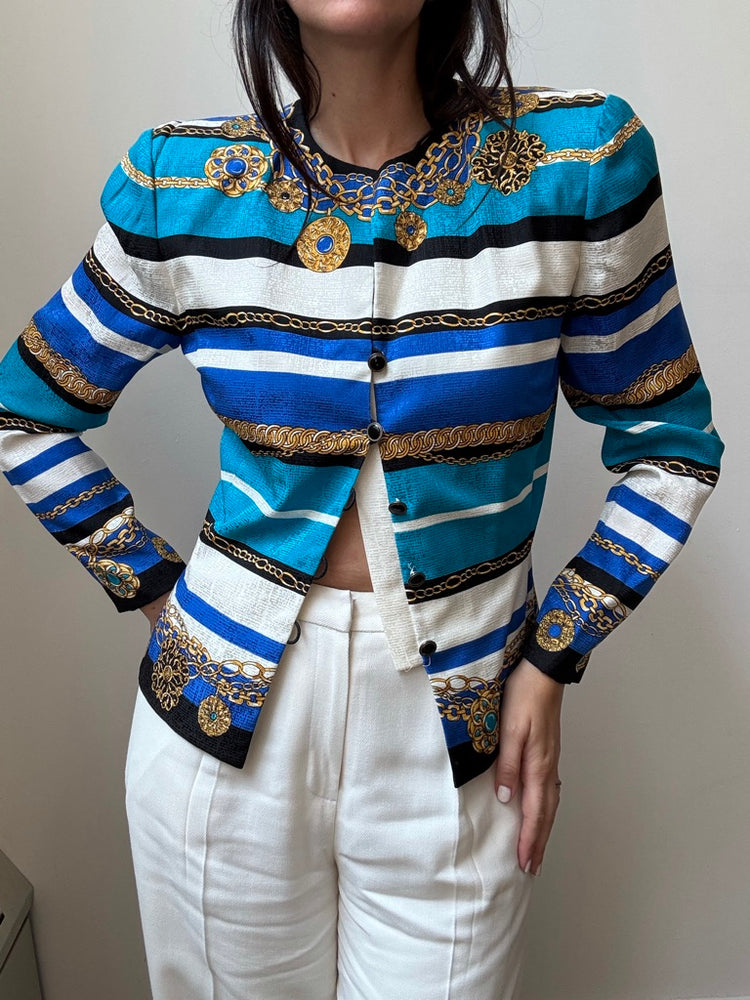 Vintage Silk Teal + Gold Striped Blouse Size M