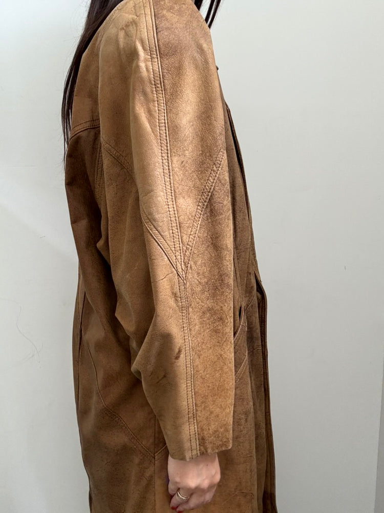 Vintage Brown Distressed Leather Trench Coat Size Large