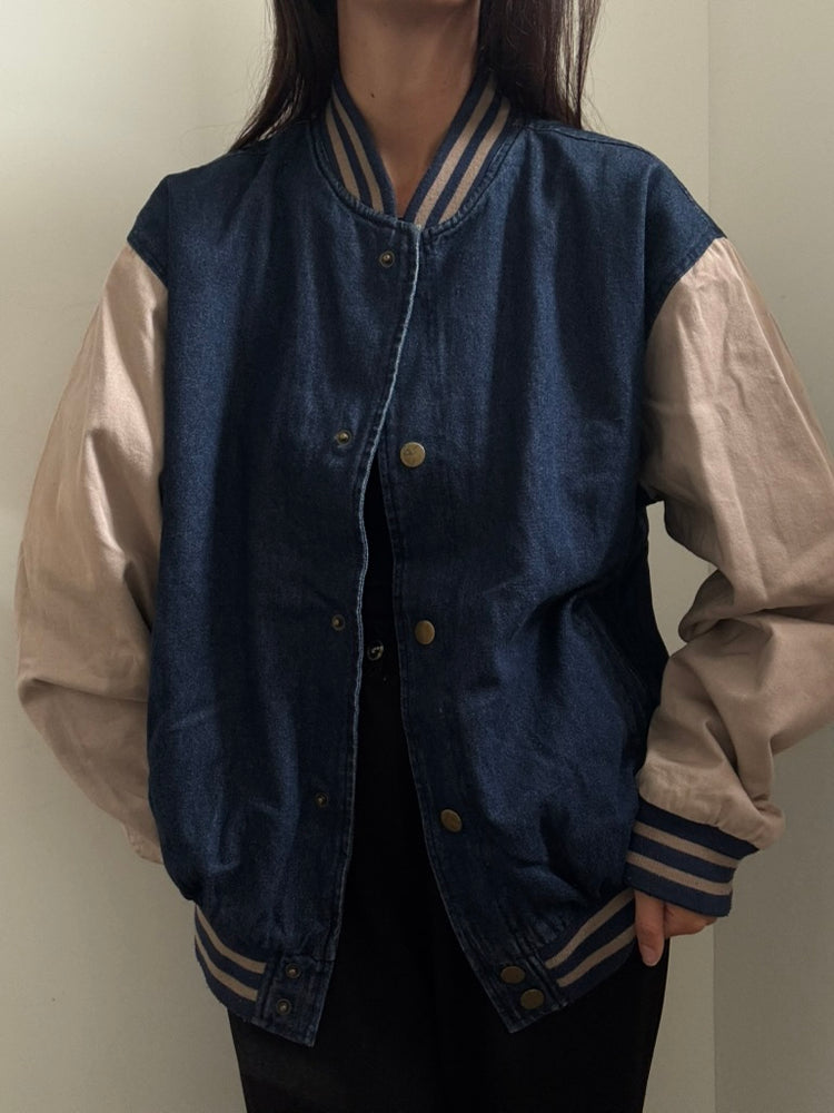 Vintage Denim Varsity Jacket Size M