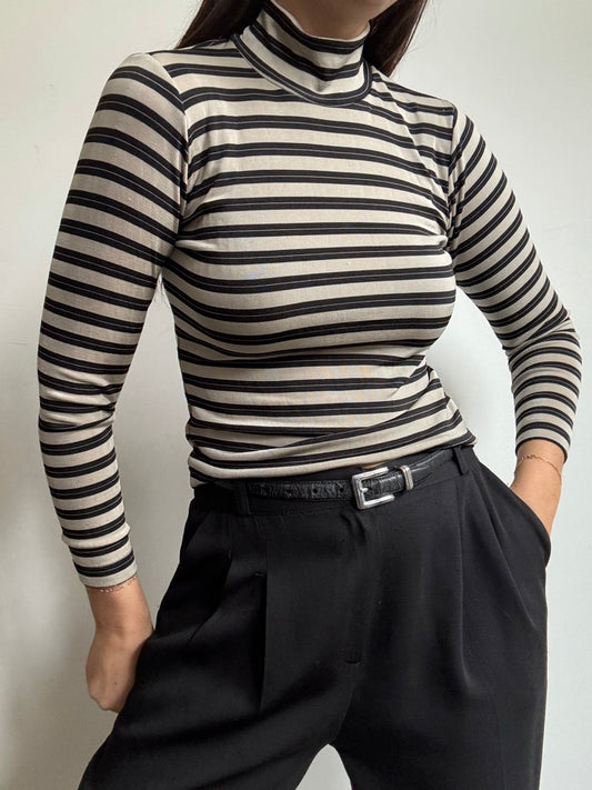 Vintage Black + Cream Striped Turtle Neck Size Medium