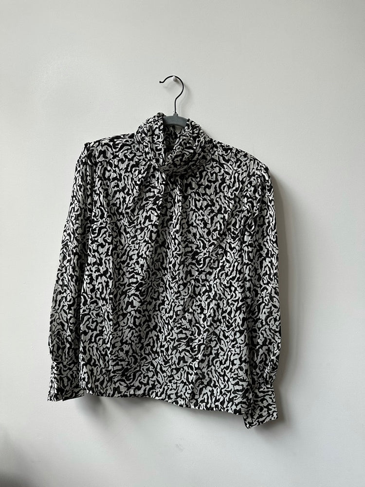 Vintage Black + White Abstract Print Semi-Sheer Blouse Size Small