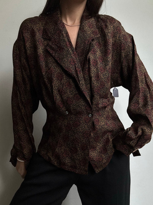 Vintage Stylized Floral Pattern Button Up Top Size Medium