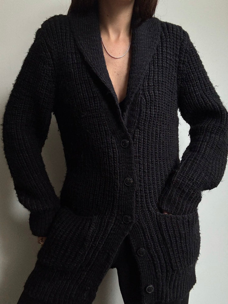 Vintage Ralph Lauren Black Thick Knit Mid-Length Cardigan Size Large