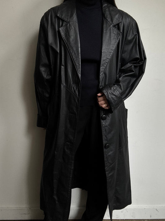 Vintage Black Leather Trench With Pleated Sleeves Size M