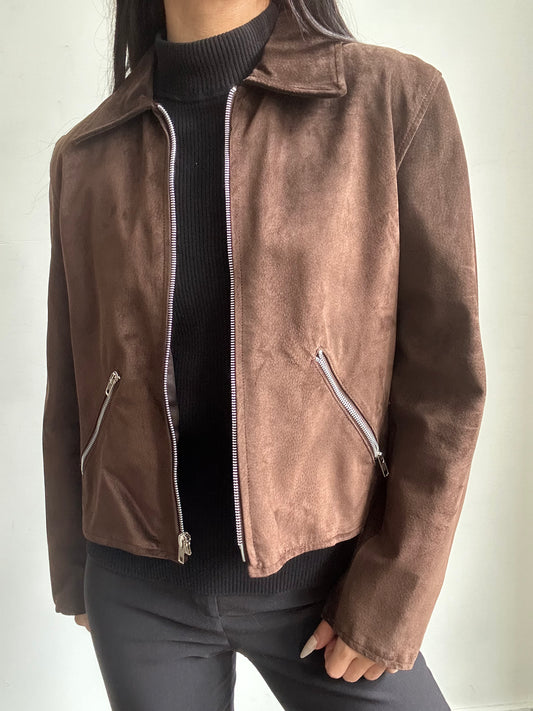 Vintage Brown Suede Cropped Zip Jacket Size Small