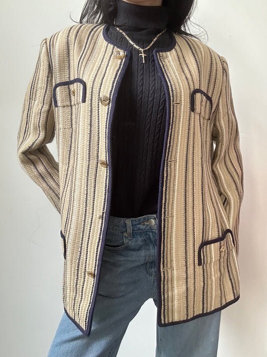 Vintage Navy Blue + Tan Striped Collarless Wool Blazer Size Large
