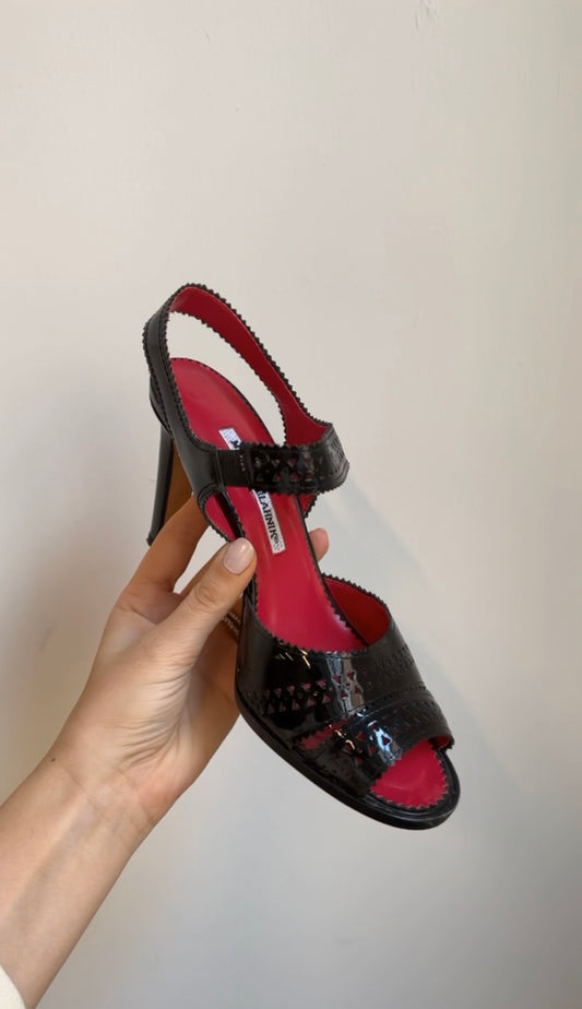 Vintage Manolo Black and Pink Strappy Heel Size 38