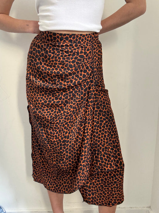 Vintage 100% Silk Tan and Black Leopard Midi Skirt Size Small