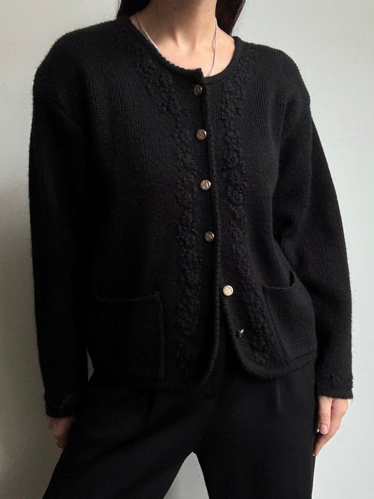 Vintage Black Acrylic Cardigan With Floral Stitching Size Large