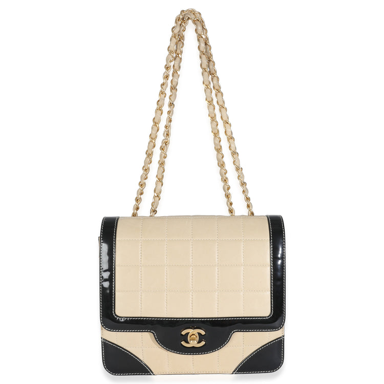Vintage 2002 Chanel Beige Lambskin Black Patent Flap