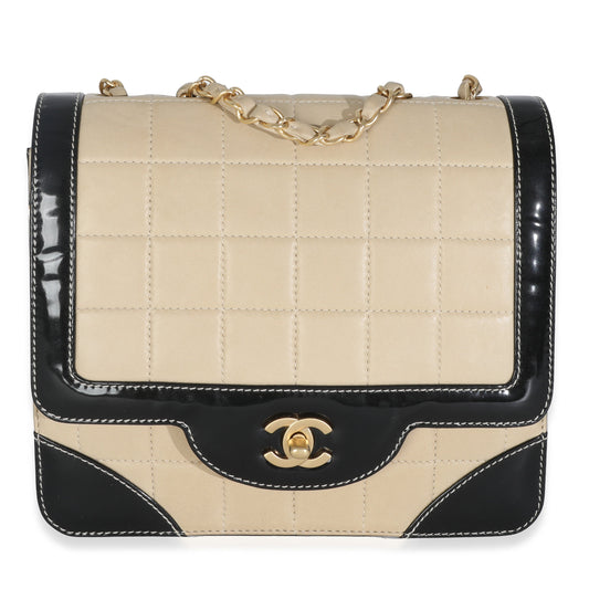 Vintage 2002 Chanel Beige Lambskin Black Patent Flap