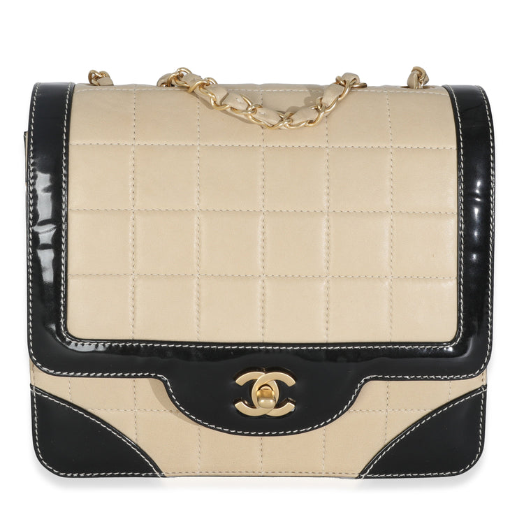 Vintage 2002 Chanel Beige Lambskin Black Patent Flap