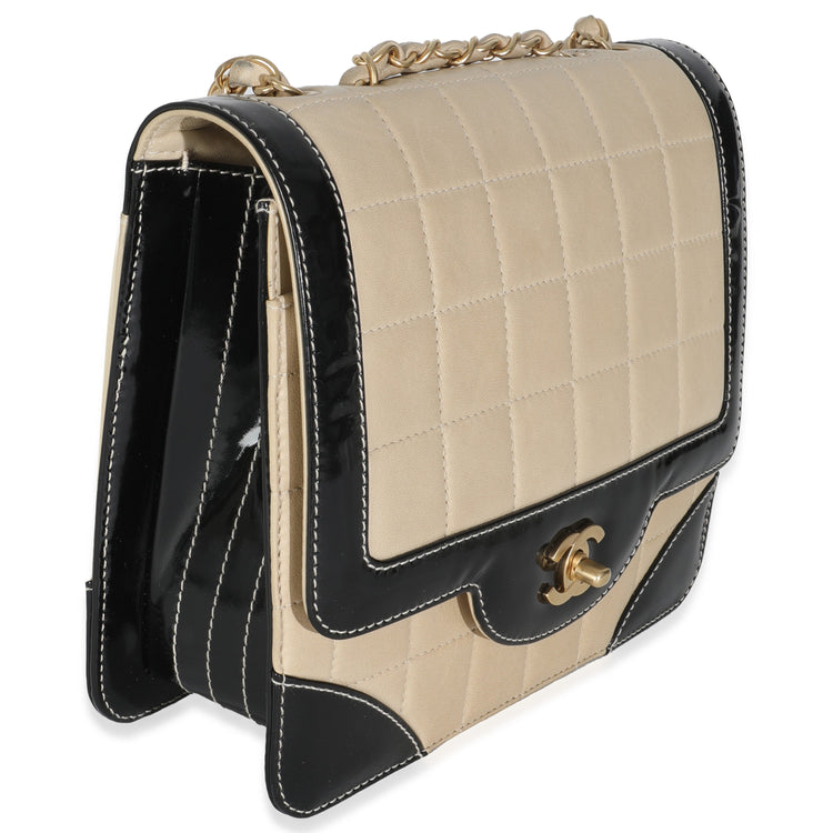 Vintage 2002 Chanel Beige Lambskin Black Patent Flap