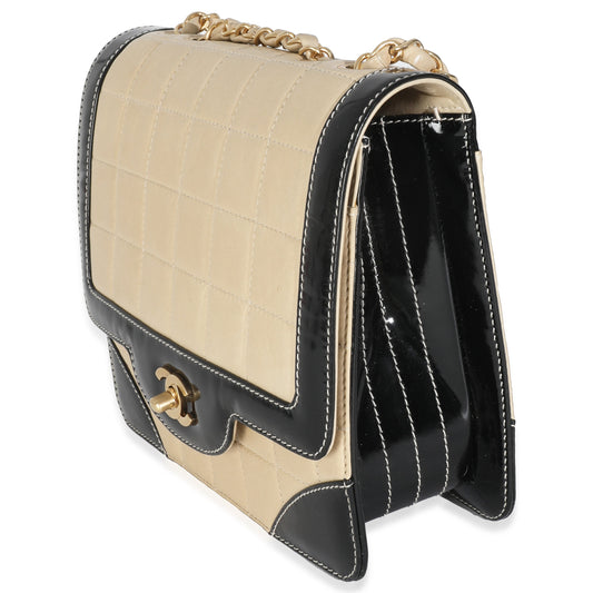 Vintage 2002 Chanel Beige Lambskin Black Patent Flap