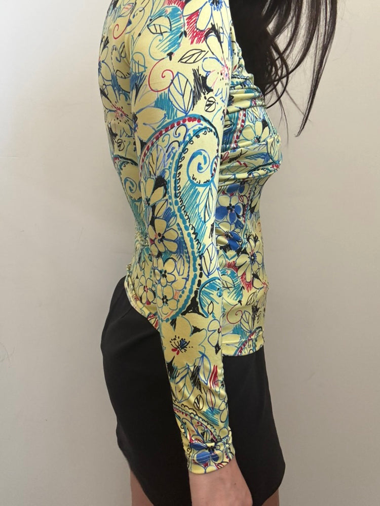 Vintage Yellow Patterned Stretch Top Size Medium