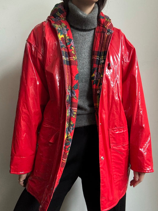 Vintage Red Raincoat With Red Plaid Interior Size Medium
