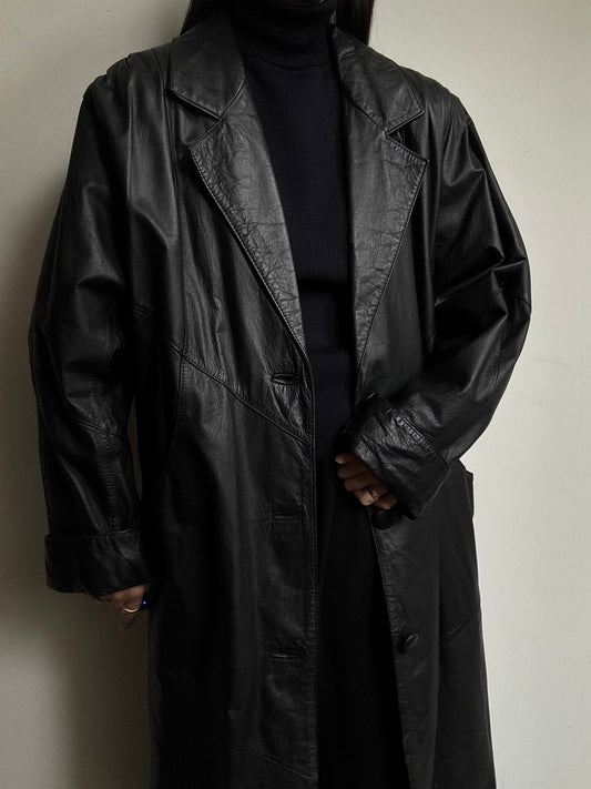 Vintage Black Leather Trench With Pleated Sleeves Size M