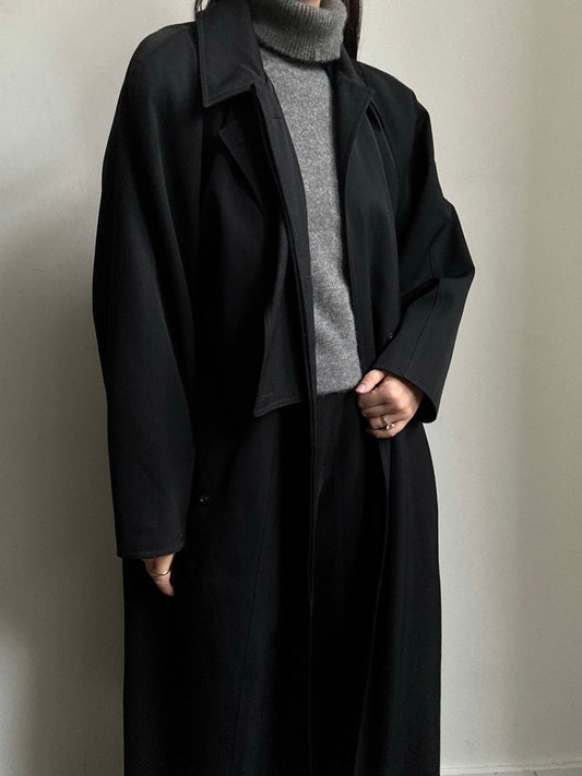 Vintage Wool Black Front Buttoned Trench Coat Size Large