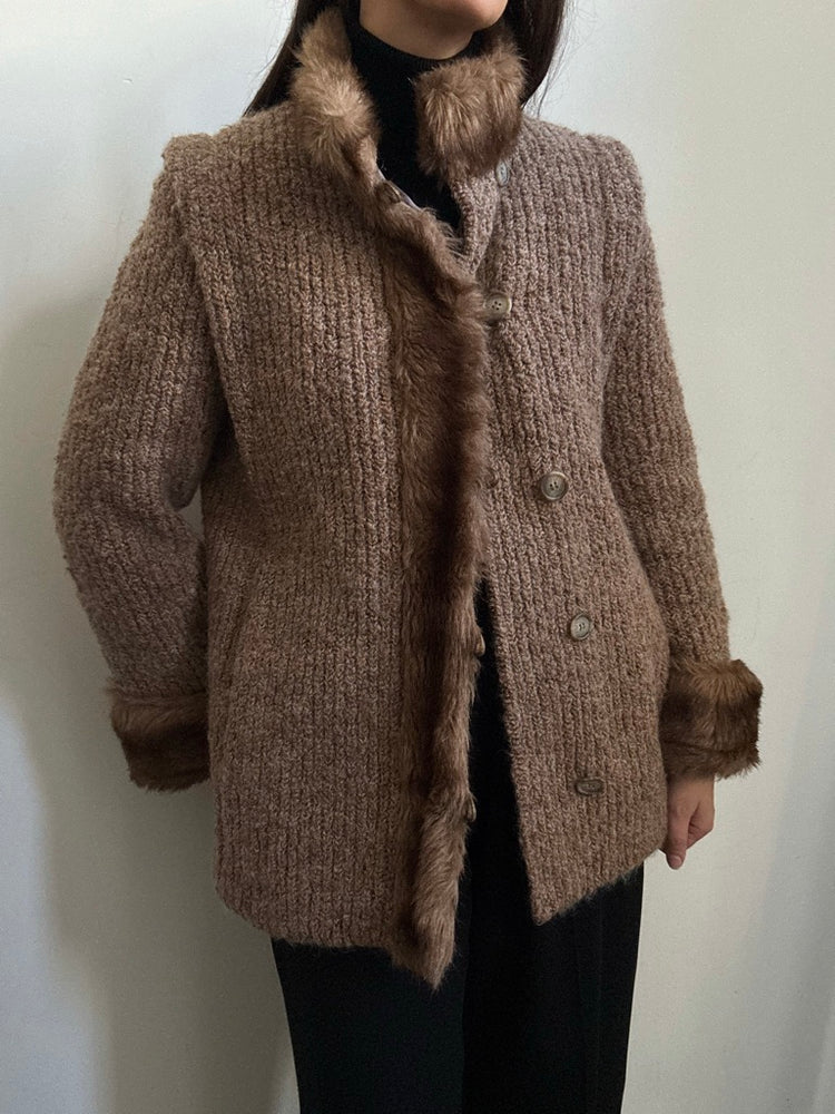 Vintage Wool Knit Faux Fur Trimmed Jacket Size Medium