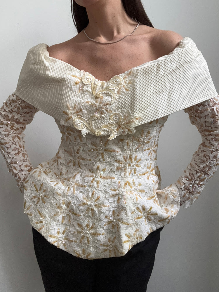 Vintage Ivory Off the Shoulder 80's Top Large
