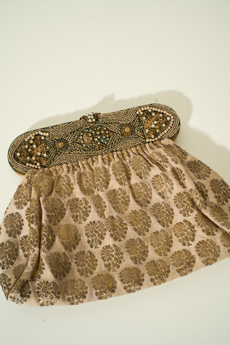 Vintage 1920'S's Beaded Brown and Gold Floral Pattern Clutch