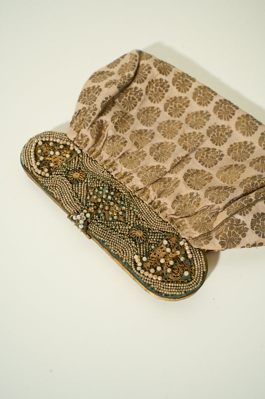 Vintage 1920'S's Beaded Brown and Gold Floral Pattern Clutch