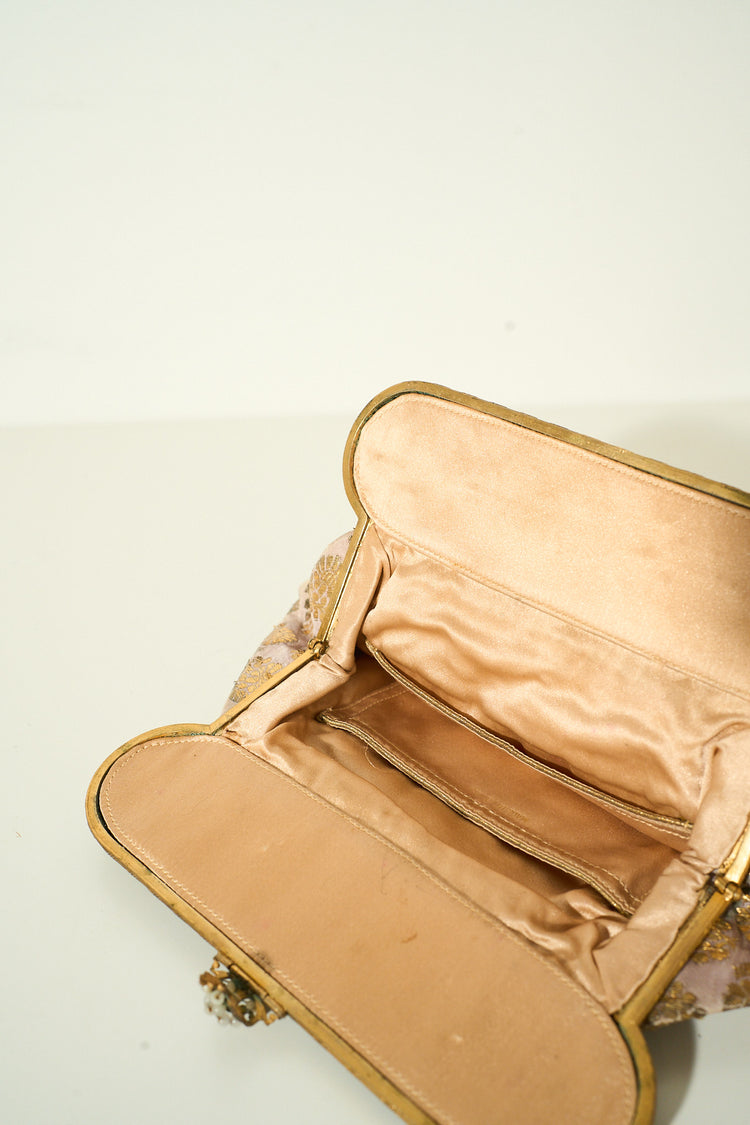 Vintage 1920'S's Beaded Brown and Gold Floral Pattern Clutch