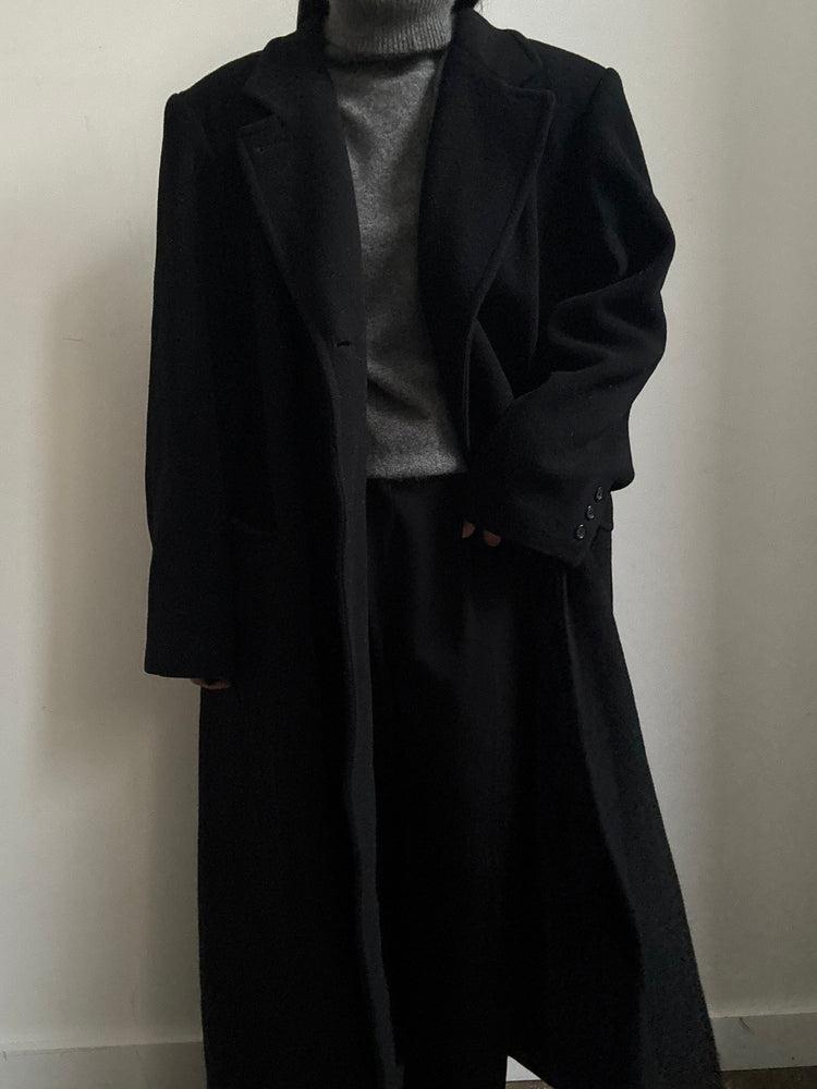 Vintage Pure Wool Chic Black Long Coat Size Medium