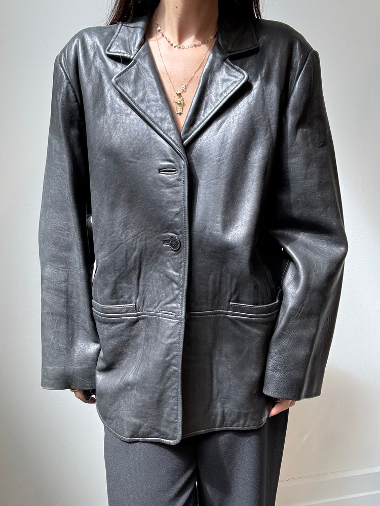 Vintage Black Leather Button-Up Jacket Size M