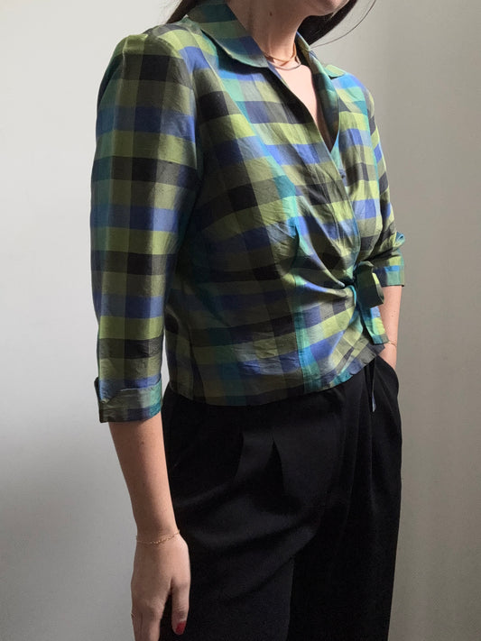 Vintage Green + Blue Plaid Silk Shirt Size M