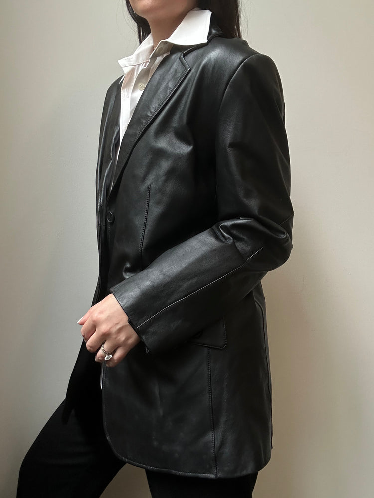 Vintage Smooth Genuine Leather Black Tailored Blazer Size 6-8