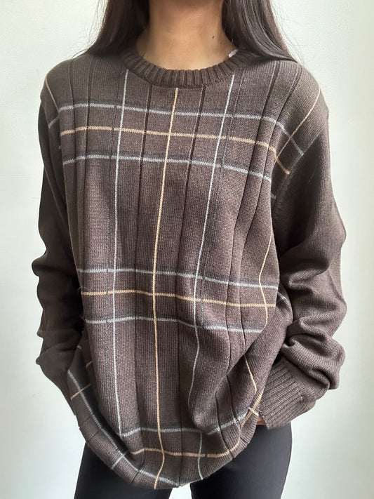 Vintage Oscar De La Renta Brown Ribbed Crew-Neck Sweater Size Large