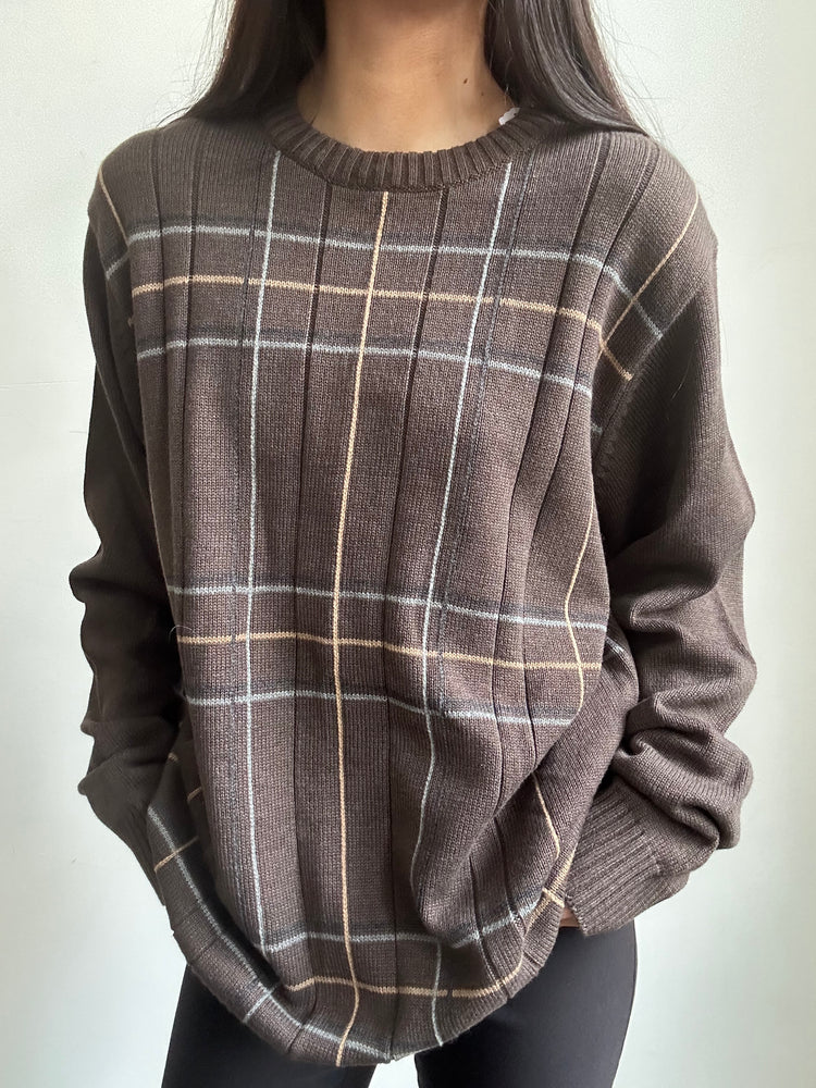 Vintage Oscar De La Renta Brown Ribbed Crew-Neck Sweater Size Large