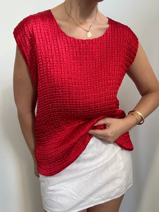 Vintage Red Crushed Taffeta Blouse Size XL