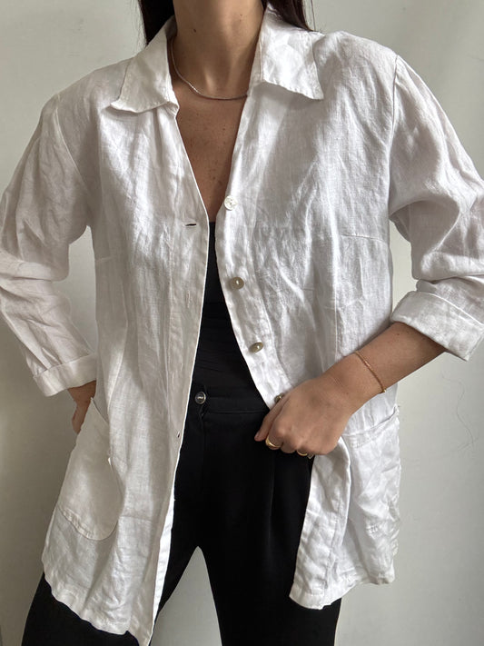 Vintage White Linen 3/4 Sleeve Button Up Size Large