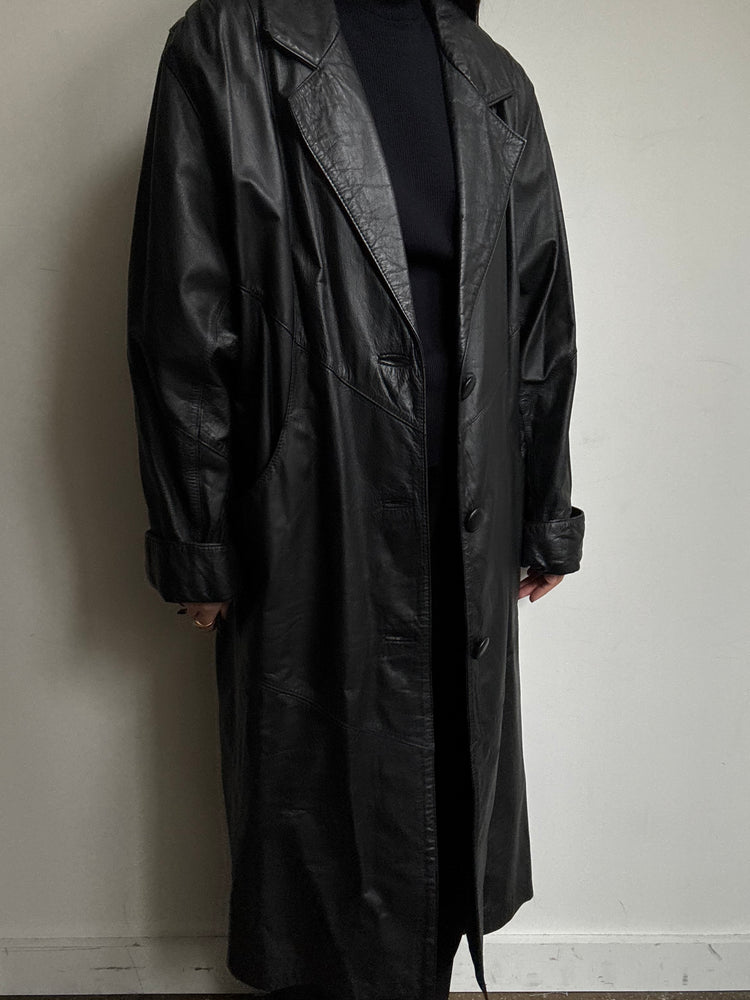 Vintage Black Leather Trench With Pleated Sleeves Size M