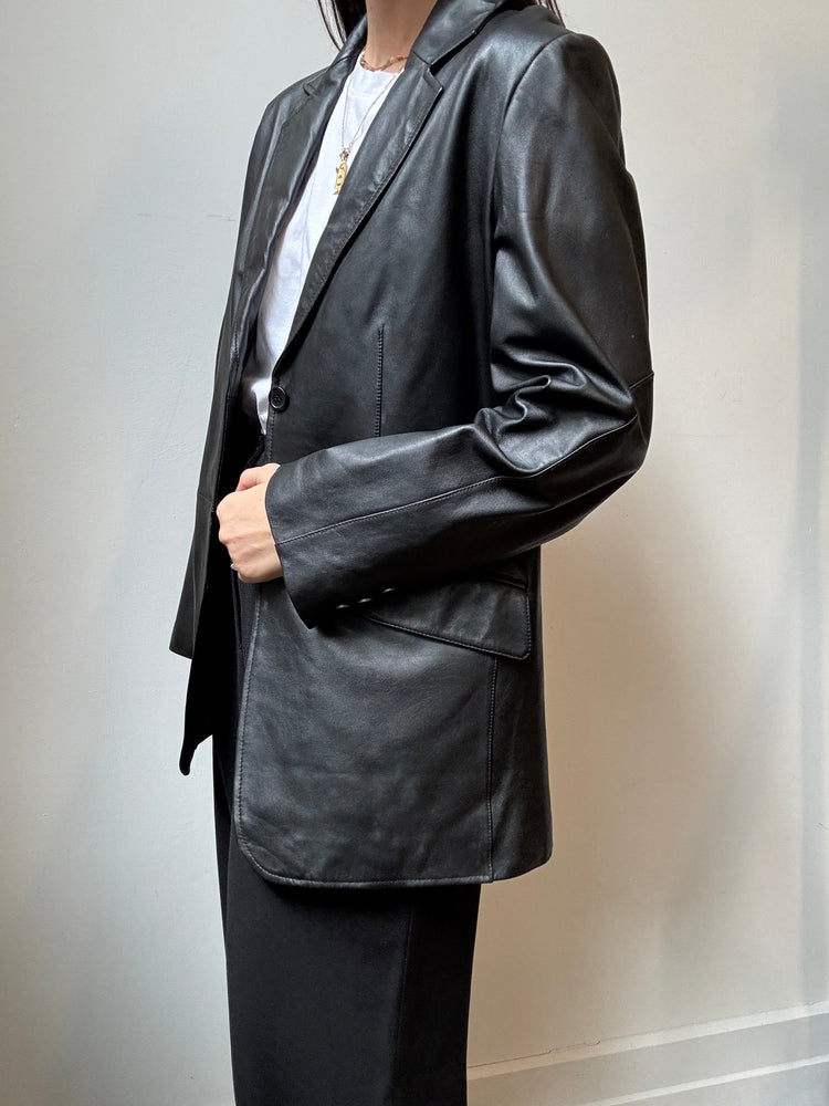 Vintage Black Leather Mid-Length Blazer Sizer M