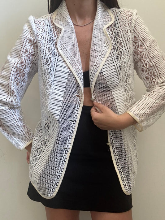 Vintage White Lace Blazer Style Blouse Size Large