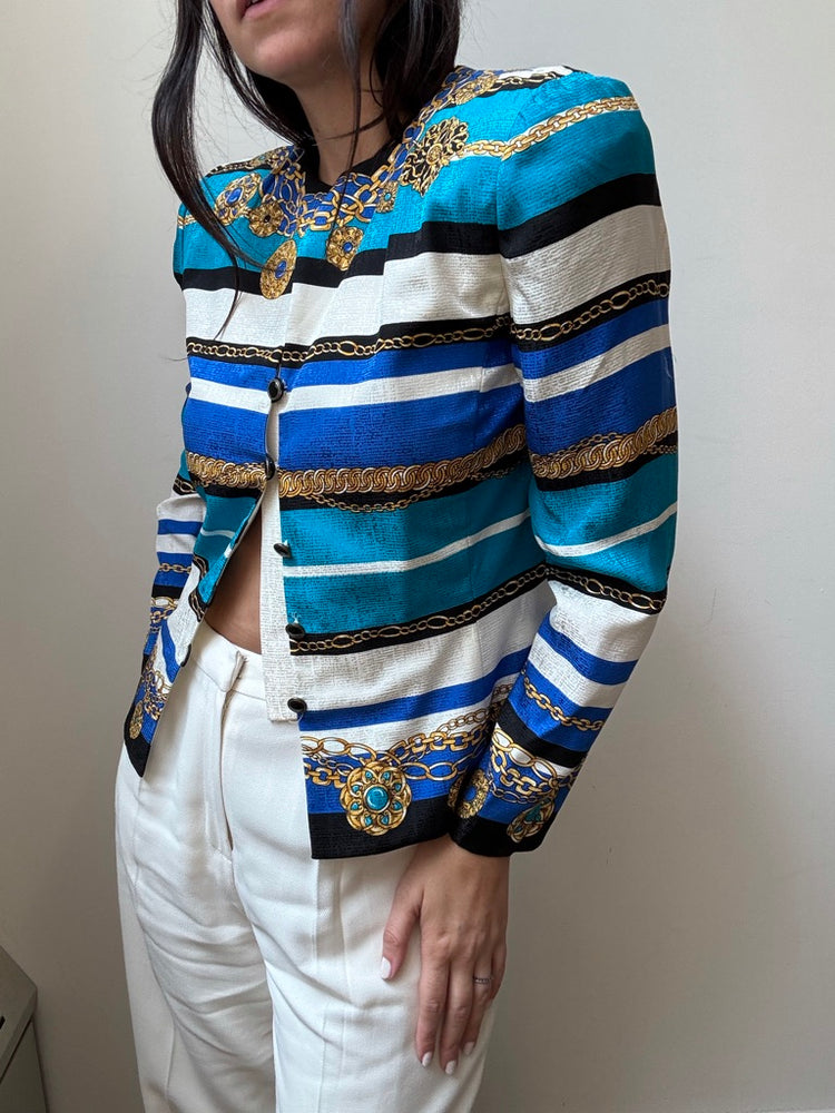 Vintage Silk Teal + Gold Striped Blouse Size M