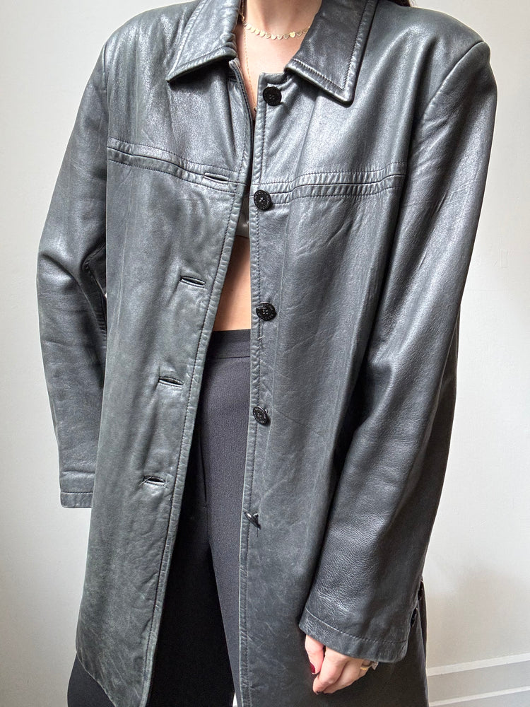 Vintage Black Leather Button-Up Jacket Size M