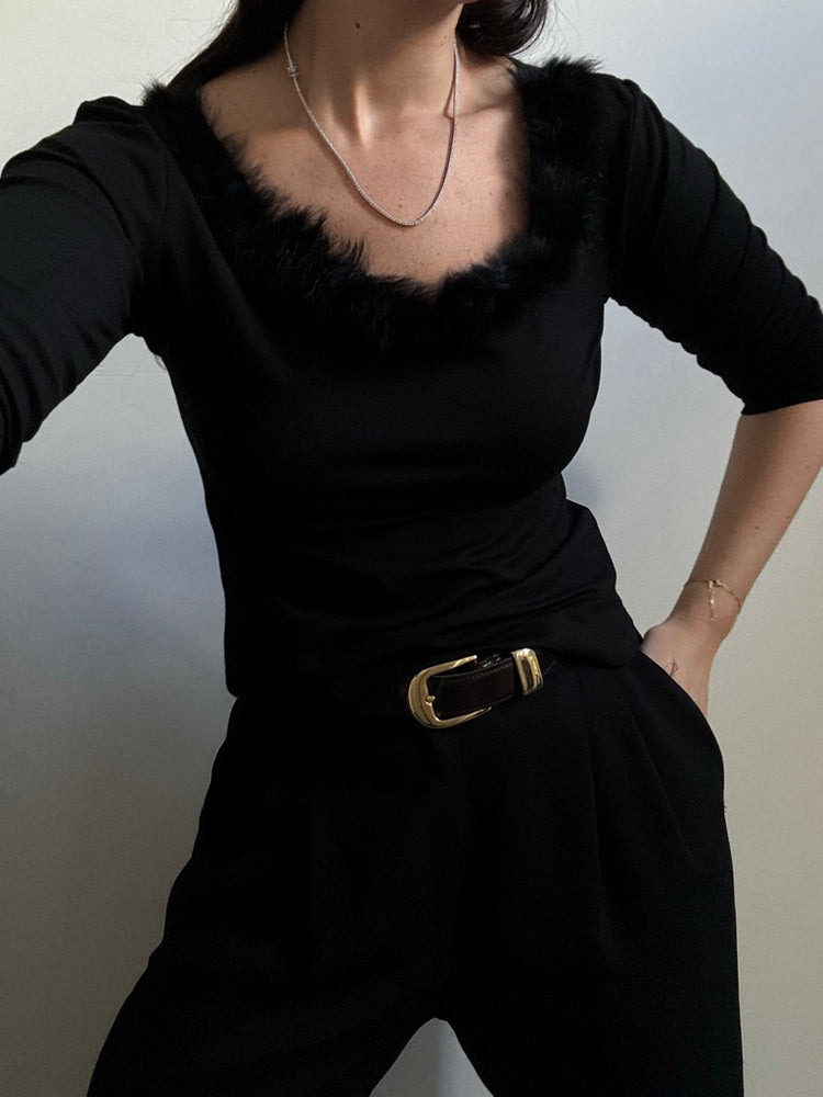 Vintage Black Fur Trim Top Size Small