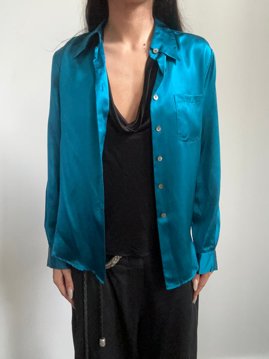 Vintage Cyan Silk Button-Up Size Small