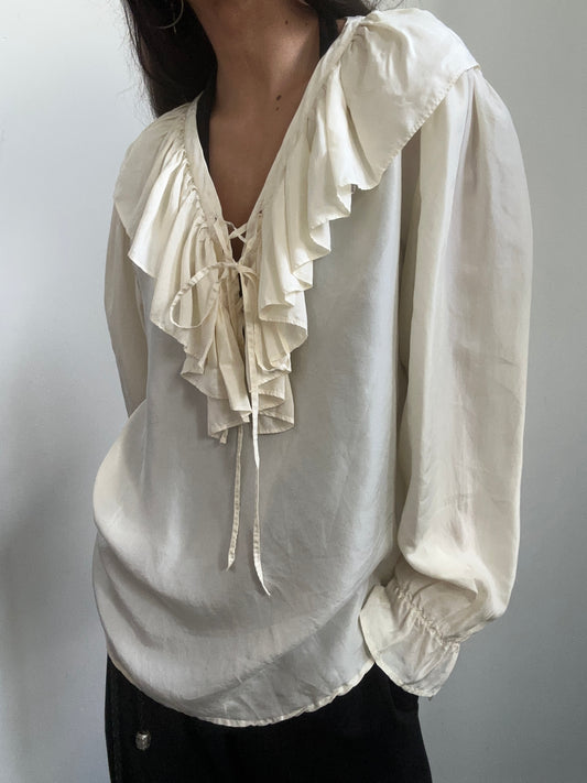 Vintage Cream Ruffle-Front Blouse Size Small