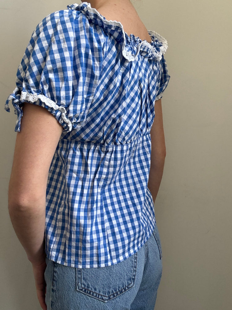 Preloved Blue & White Gingham Puff Sleeve Top Size Small