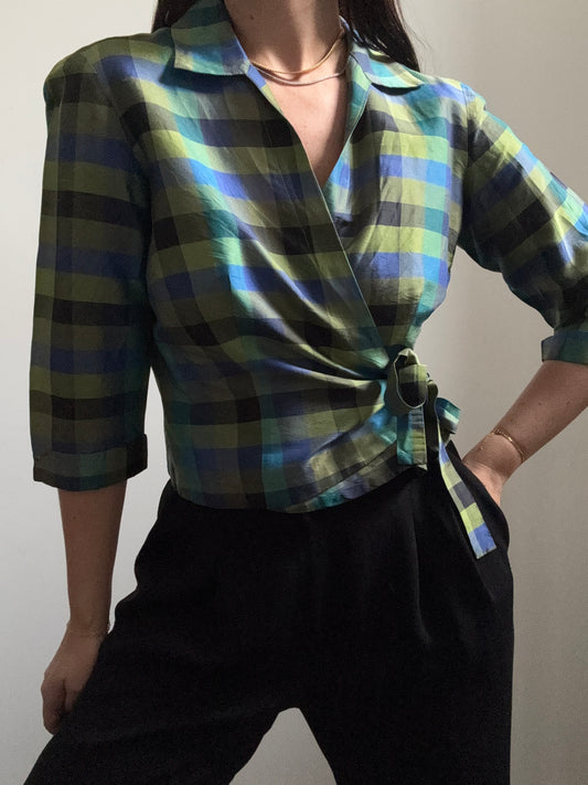 Vintage Green + Blue Plaid Silk Shirt Size M