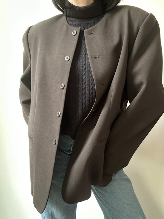 Vintage Brown Wool Collarless Blazer Size Large