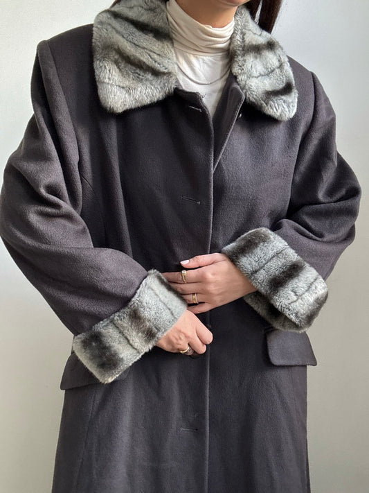 Vintage Gray Wool + Chinchilla Trim Floor-length Coat