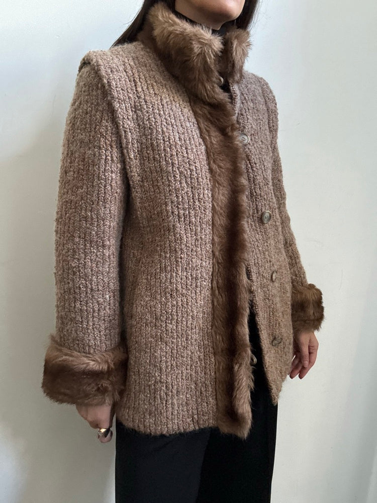 Vintage Wool Knit Faux Fur Trimmed Jacket Size Medium